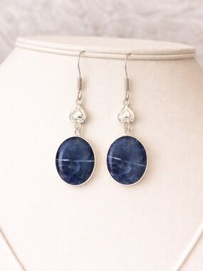 Sodalite Blue Drop Earrings Silver Tone Oval Gemstone Dangle Heart Detail Boho